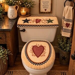 Vintage Plush Fuzzy Americana Toilet Lid & Tank Top Cover Set Country Farmhouse